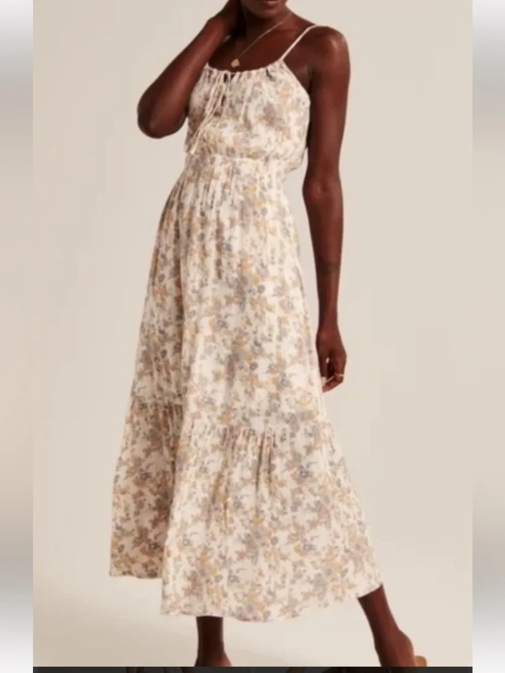 Floral Tie-Front Maxi Dress in Cream and Beige